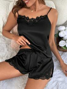 RueChic Contrast Lace Cami PJ Set - Black - View 1