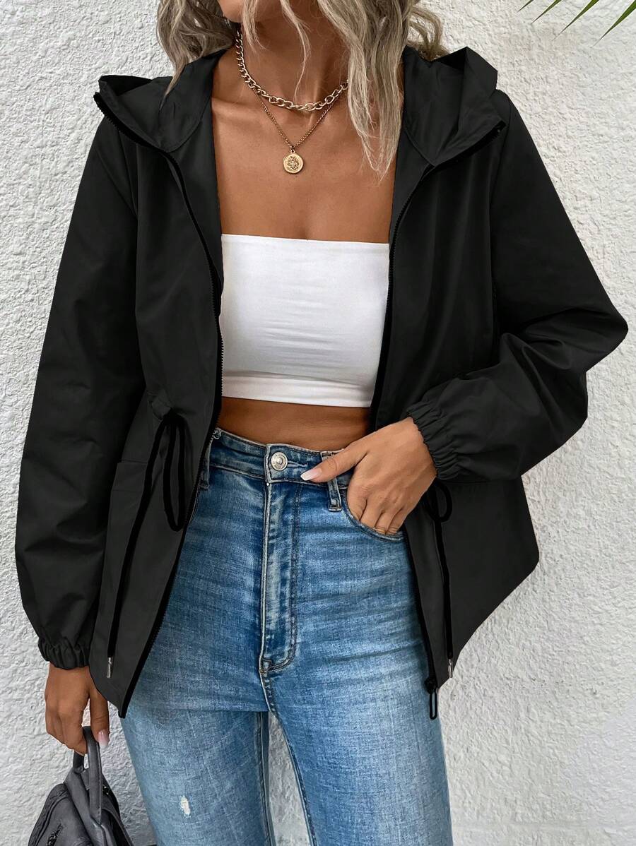 SHEIN LUNE Drawstring Waist Zip-Up Hooded Jacket Fall Winter Cloth For Women - Black - View 1