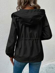 SHEIN LUNE Drawstring Waist Zip-Up Hooded Jacket Fall Winter Cloth For Women - Black - View 2