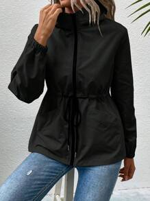 SHEIN LUNE Drawstring Waist Zip-Up Hooded Jacket Fall Winter Cloth For Women - Black - View 4