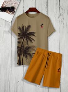 Manfinity 男士椰子樹圖案T恤和短褲 - 彩色 - 查看 1