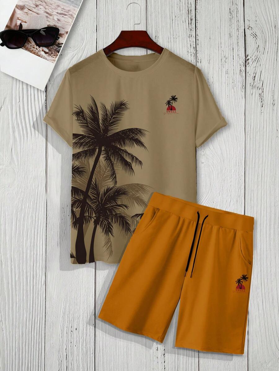 Manfinity 男士椰子樹圖案T恤和短褲 - 彩色 - 查看 1