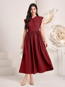 Modelyn Burgundy Red Solid Ruched A-Line Dress - Burgundy - View 1