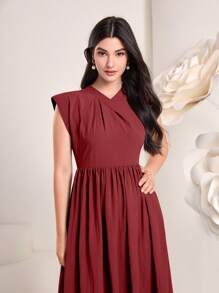 Modelyn Burgundy Red Solid Ruched A-Line Dress - Burgundy - View 3