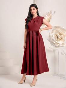 Modelyn Burgundy Red Solid Ruched A-Line Dress - Burgundy - View 4