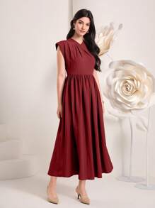Modelyn Burgundy Red Solid Ruched A-Line Dress - Burgundy - View 6