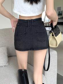 素色腰帶迷你牛仔半身裙 - 深灰色 - 查看 2