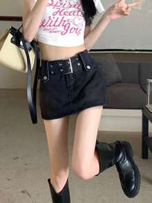 素色腰帶迷你牛仔半身裙 - 深灰色 - 查看 3