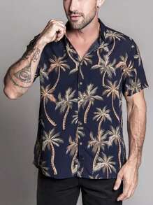 男士椰子樹圖案襯衫 - 藏蓝色 - 查看 4