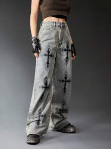 ROMWE Grunge Punk Cross Print Wide Leg Jeans - Light Wash - View 3