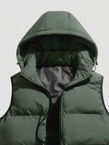 男式拉链连帽背心夹棉外套 - 軍綠色 - 查看 4