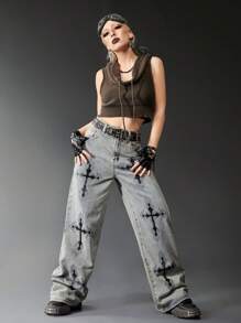 ROMWE Grunge Punk Cross Print Wide Leg Jeans - Light Wash - View 4