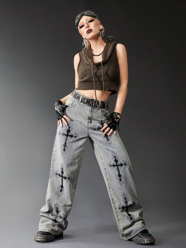 ROMWE Grunge Punk Cross Print Wide Leg Jeans | SHEIN