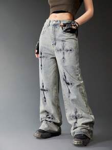 ROMWE Grunge Punk Cross Print Wide Leg Jeans - Light Wash - View 5