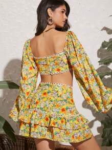 Soleia Floral Print Lantern Sleeve Crop Top & Ruffle Hem Skirt - Multicolor - View 2