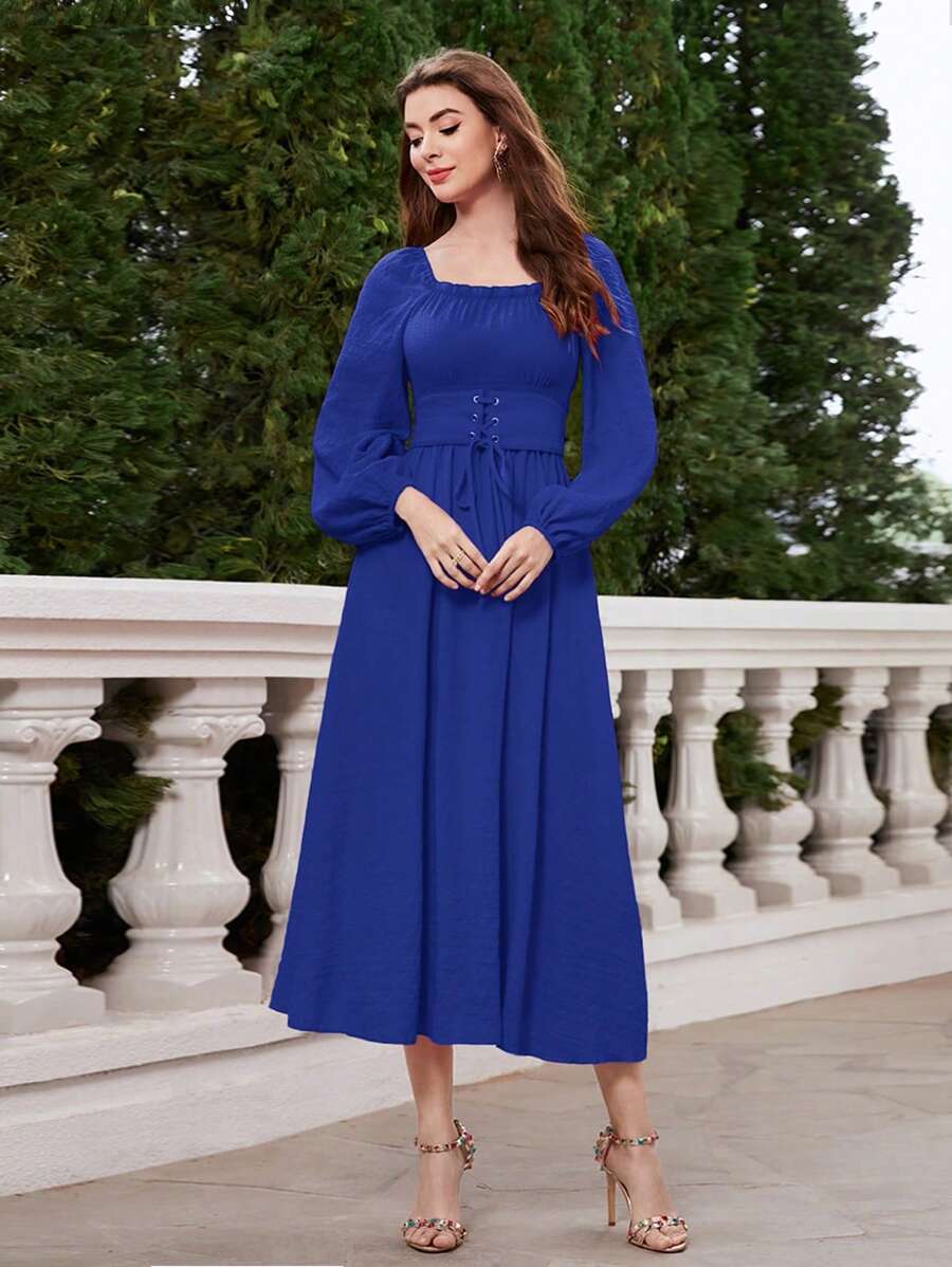 Modelyn Đầm Thắt lưng Ren lên Thùa khuyết màu trơn Thanh lịch - Xanh đậm - Xem 1