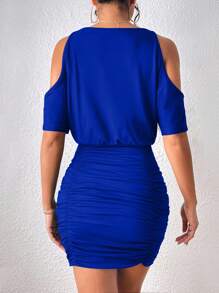 INAWLY Vestido ajustado de hombros descubiertos fruncido - azul real - Ver 6