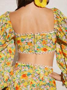 Soleia Floral Print Lantern Sleeve Crop Top & Ruffle Hem Skirt - Multicolor - View 3