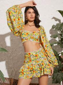 Soleia Floral Print Lantern Sleeve Crop Top & Ruffle Hem Skirt - Multicolor - View 4