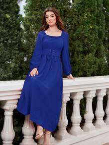 Modelyn Đầm Thắt lưng Ren lên Thùa khuyết màu trơn Thanh lịch - Xanh đậm - Xem 4