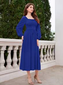 Modelyn Đầm Thắt lưng Ren lên Thùa khuyết màu trơn Thanh lịch - Xanh đậm - Xem 5