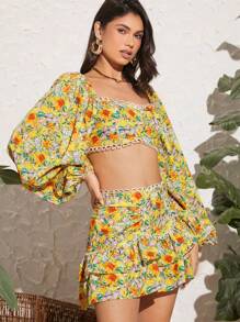 Soleia Floral Print Lantern Sleeve Crop Top & Ruffle Hem Skirt - Multicolor - View 5