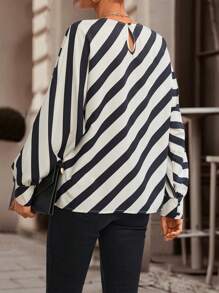 Chiquease Striped Print Batwing Sleeve Blouse - Black and White - View 2