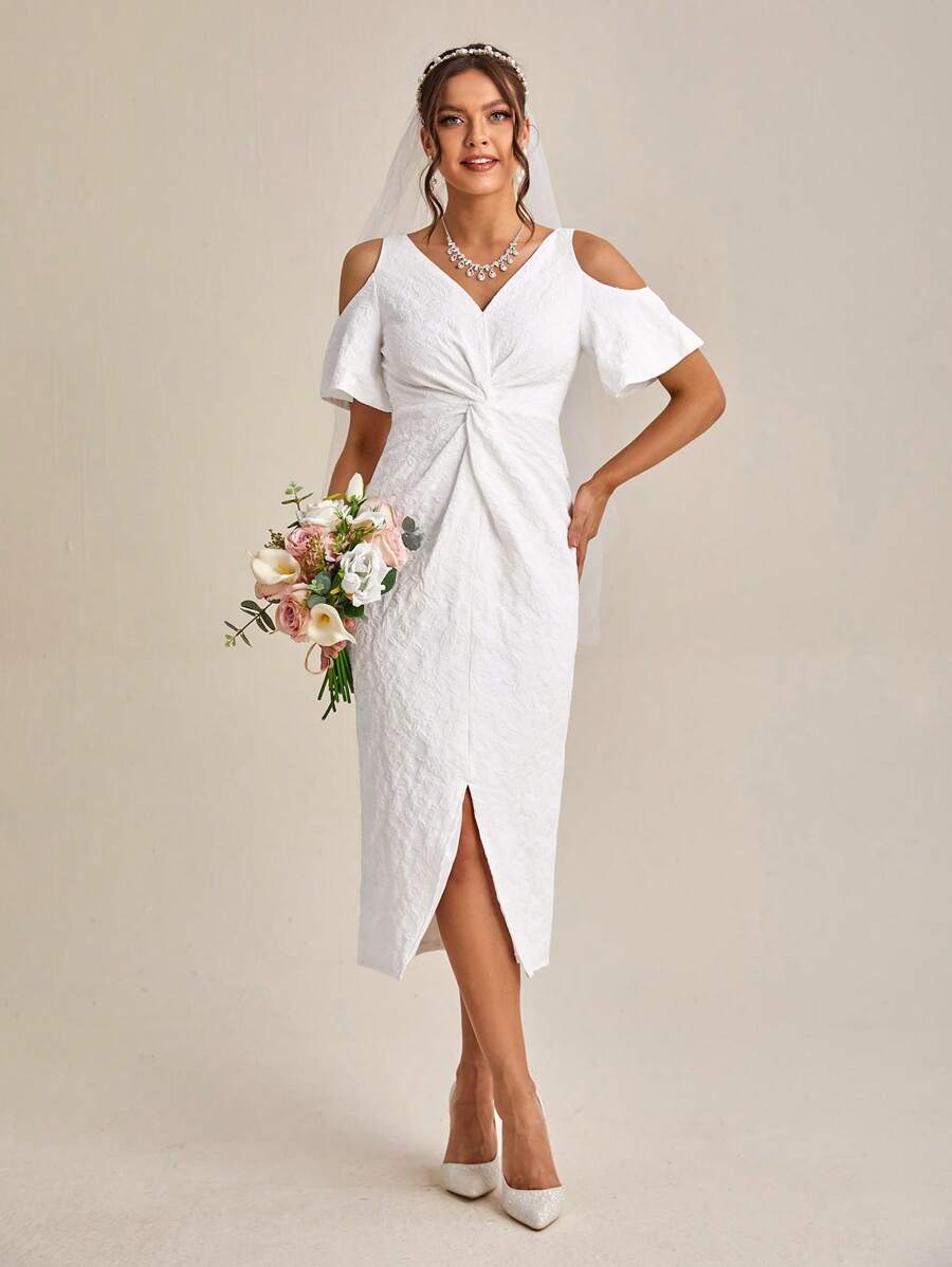 SHEIN Belle Cold Shoulder Twist Front Split Thigh Lace Wedding Dress - White - View 1