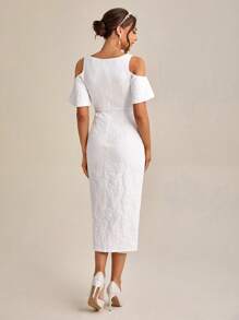 SHEIN Belle Cold Shoulder Twist Front Split Thigh Lace Wedding Dress - White - View 2