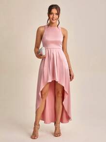 SHEIN Belle Solid High Low Hem Satin Dress - Baby Pink - View 4