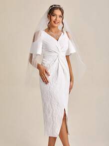 SHEIN Belle Cold Shoulder Twist Front Split Thigh Lace Wedding Dress - White - View 7