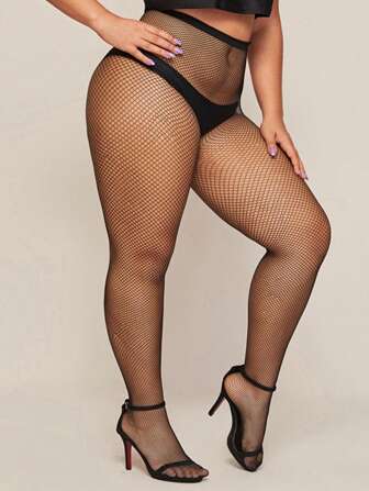 1pair Women Solid Color Fashionable Plus Size Fishnet Tights For Daily Decoration