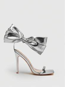 CUCCOO SZL 金屬質感蝴蝶結裝飾細跟踝帶平底涼鞋 - 銀色 - 查看 3