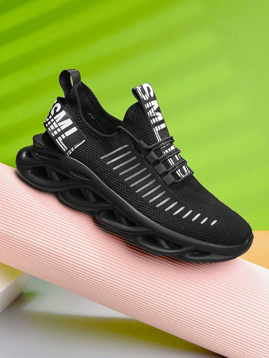 男士輕便透氣舒服字母圖案繫帶裝飾針織時尚鞋