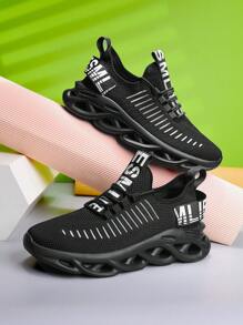 男士輕便透氣舒服字母圖案繫帶裝飾針織時尚鞋