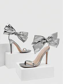 CUCCOO SZL 金屬質感蝴蝶結裝飾細跟踝帶平底涼鞋 - 銀色 - 查看 5