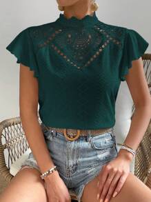 SHEIN Frenchy Áo sơ mi nữ Nút Tương phản ren Xù màu trơn Thanh lịch - Màu xanh lá cây đậm - Xem 1