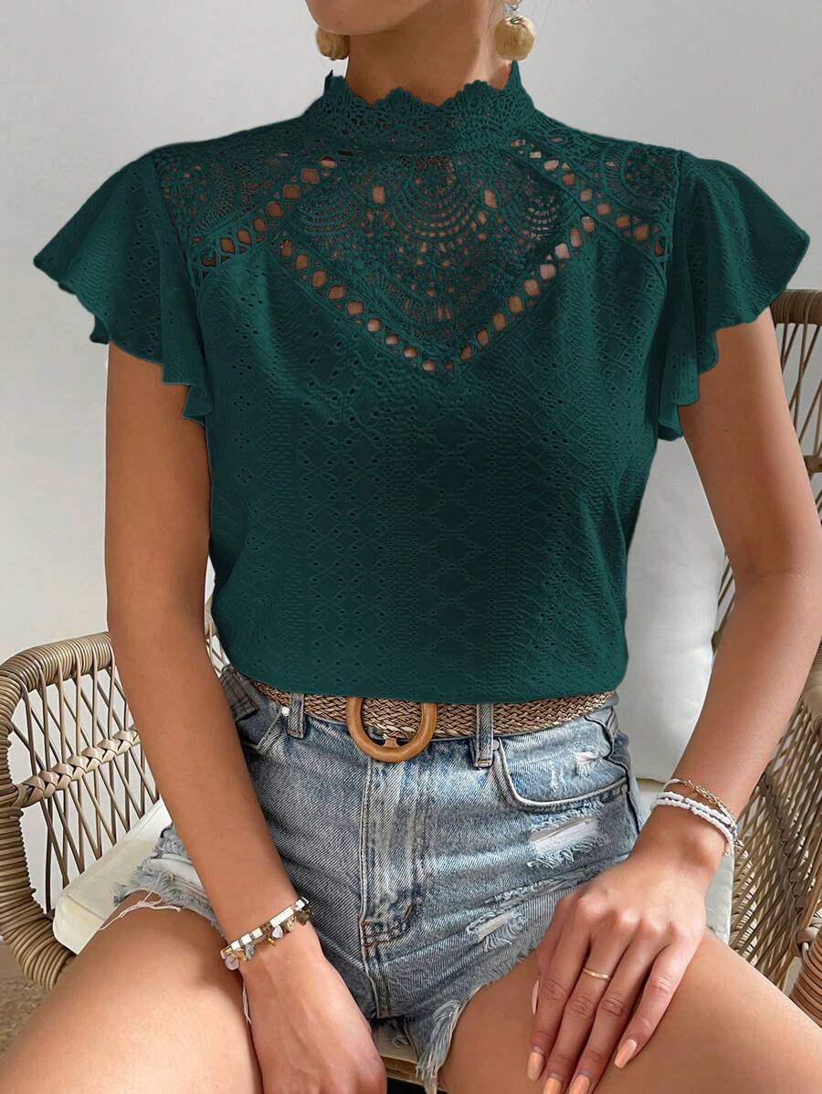 SHEIN Frenchy Áo sơ mi nữ Nút Tương phản ren Xù màu trơn Thanh lịch - Màu xanh lá cây đậm - Xem 1