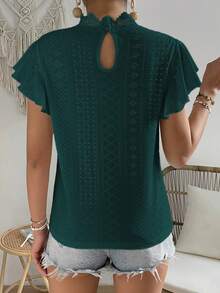 SHEIN Frenchy Áo sơ mi nữ Nút Tương phản ren Xù màu trơn Thanh lịch - Màu xanh lá cây đậm - Xem 2