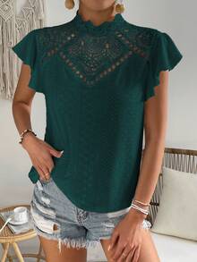 SHEIN Frenchy Áo sơ mi nữ Nút Tương phản ren Xù màu trơn Thanh lịch - Màu xanh lá cây đậm - Xem 3