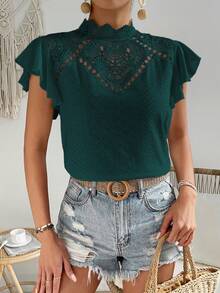 SHEIN Frenchy Áo sơ mi nữ Nút Tương phản ren Xù màu trơn Thanh lịch - Màu xanh lá cây đậm - Xem 5