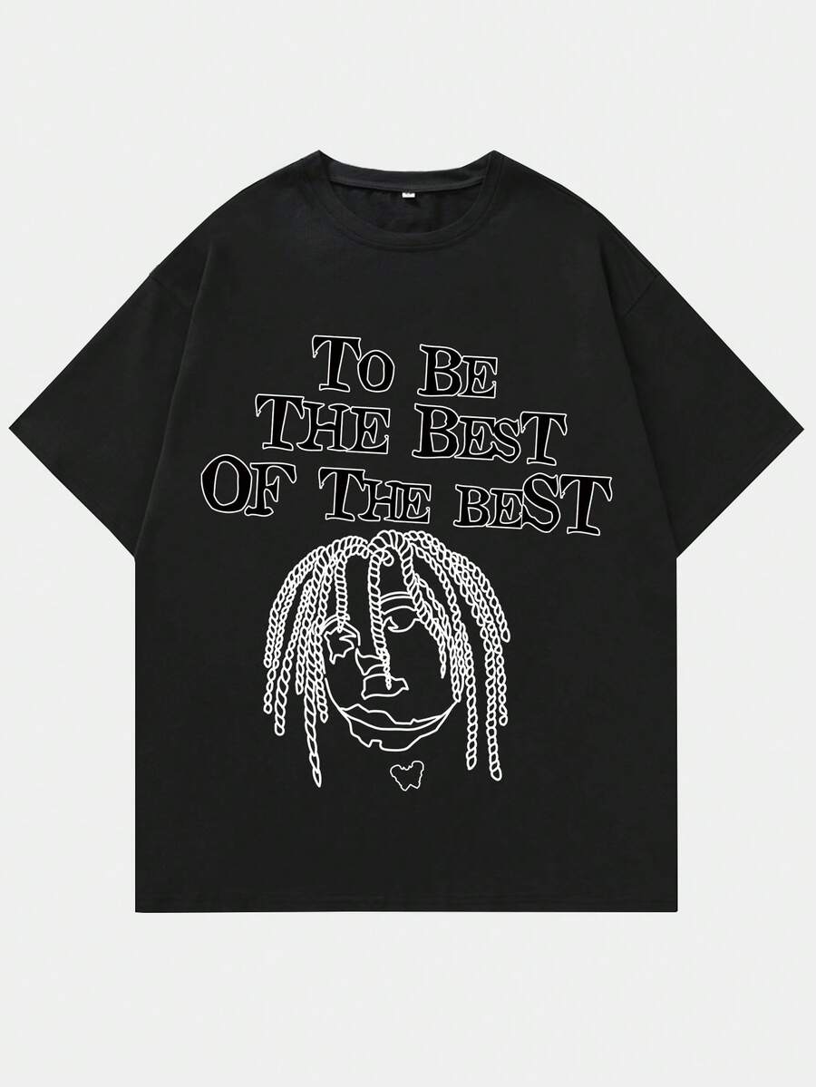 ROMWE MEN Street Life 男士標語圖案落肩T恤 - 黑色 - 查看 1