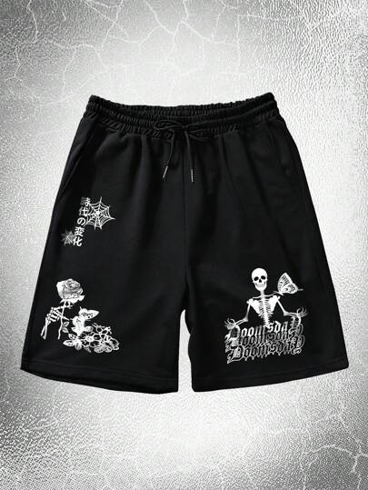 Goth Homme Short Motif Tête De Mort Et Lettre À Cordon