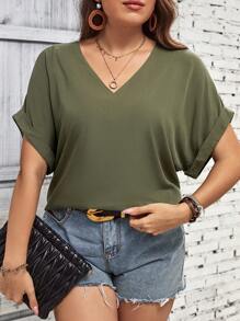 SHEIN LUNE Plus Solid Batwing Sleeve V Neck Blouse - Army Green - View 1