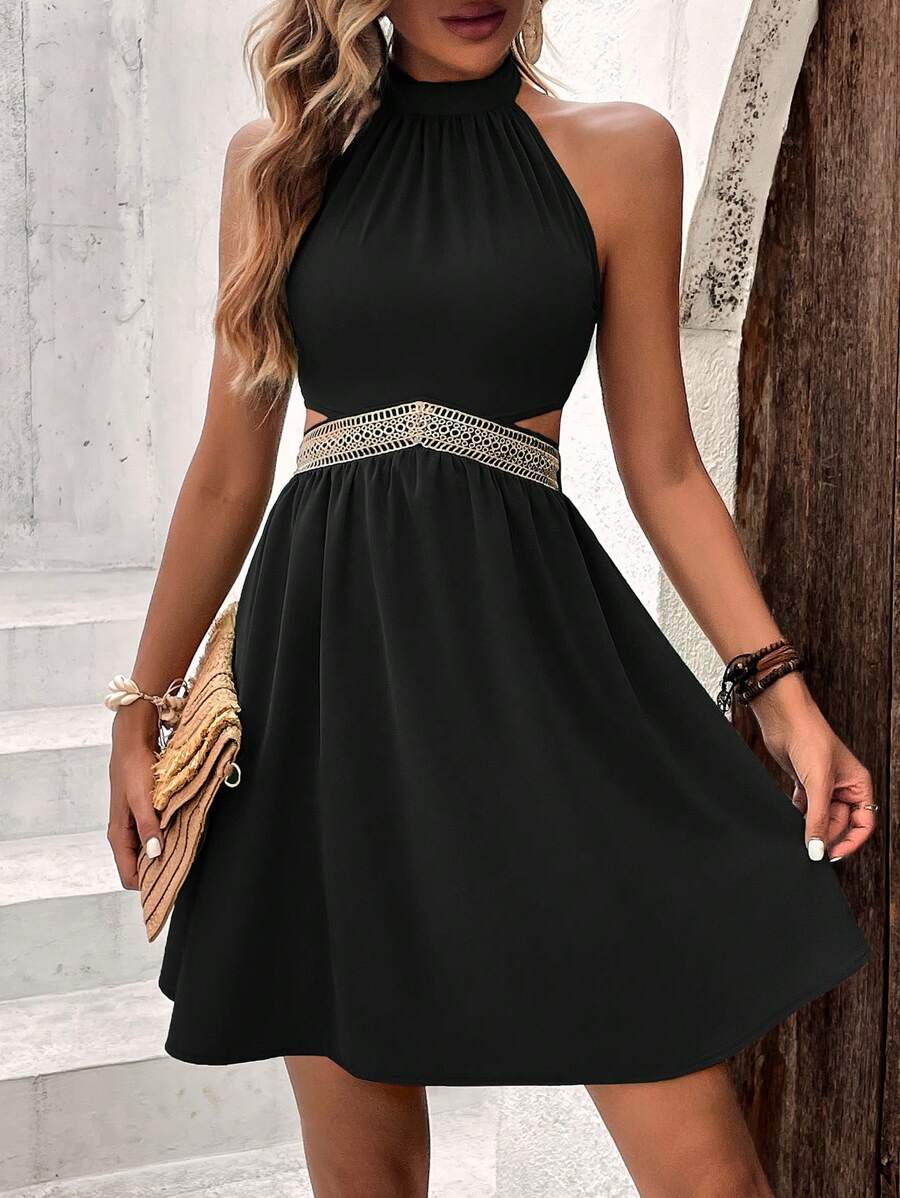 SHEIN LUNE Đầm Buộc lại Lộ Lưng màu trơn Giải trí - màu đen - Xem 1