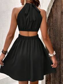 SHEIN LUNE Đầm Buộc lại Lộ Lưng màu trơn Giải trí - màu đen - Xem 2