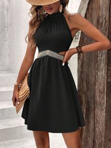 SHEIN LUNE Đầm Buộc lại Lộ Lưng màu trơn Giải trí - màu đen - Xem 3