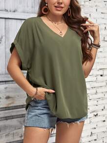 SHEIN LUNE Plus Solid Batwing Sleeve V Neck Blouse - Army Green - View 3