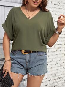 SHEIN LUNE Plus Solid Batwing Sleeve V Neck Blouse - Army Green - View 4