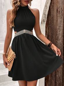 SHEIN LUNE Đầm Buộc lại Lộ Lưng màu trơn Giải trí - màu đen - Xem 5